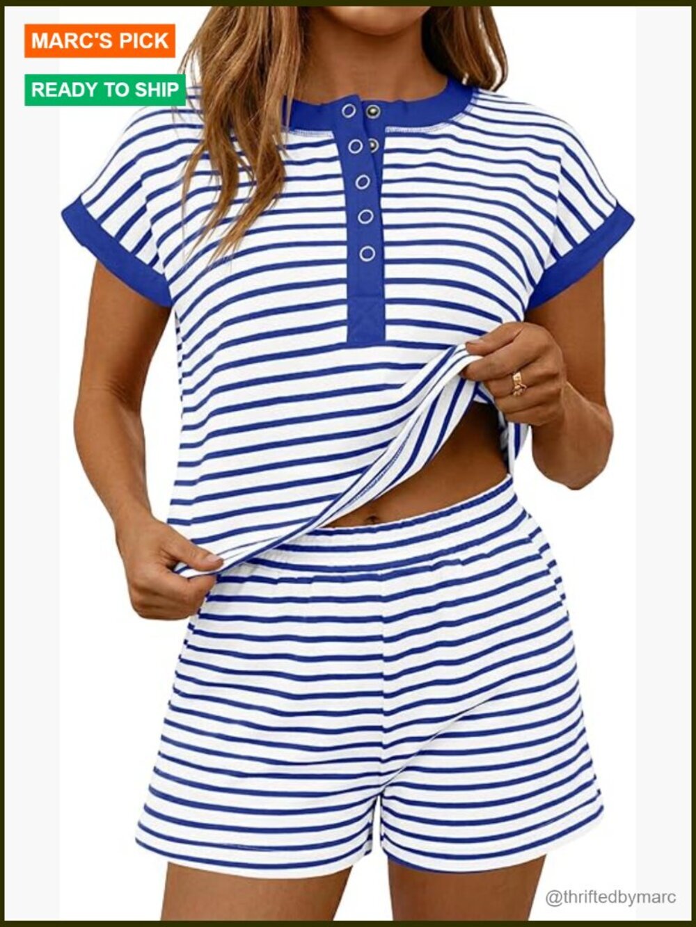 Striped Henley Top & Shorts Set, Cotton Blend, Loose Fit, Medium